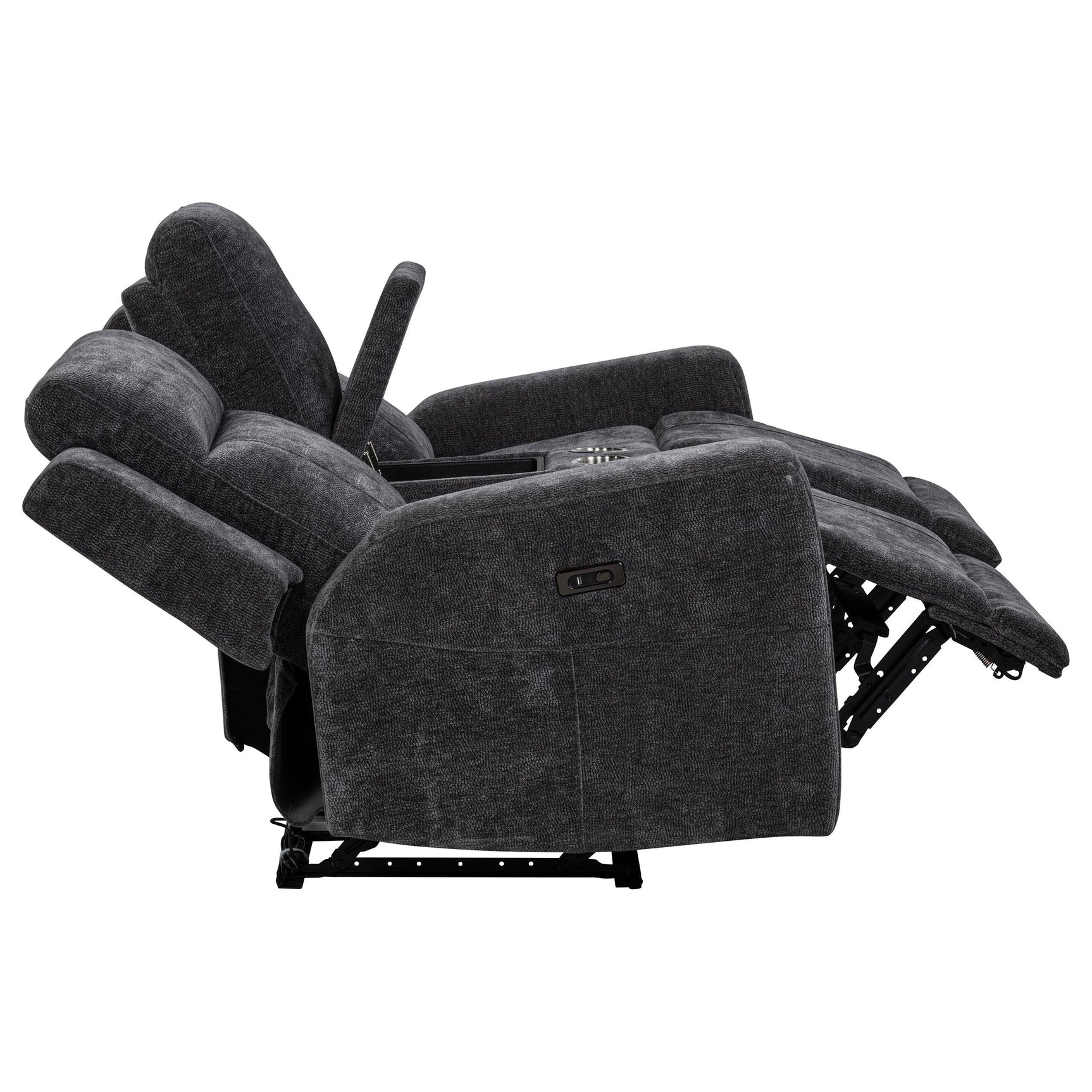 Metal frame base visible under loveseat
