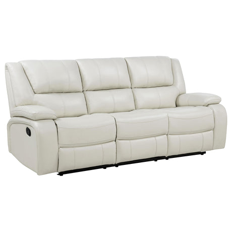 Camila 3-piece white upholstered reclining sofa set front view