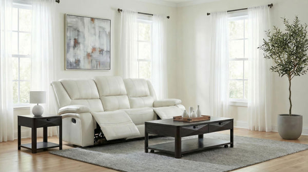 Close-up of white leatherette upholstery on Camila sofa