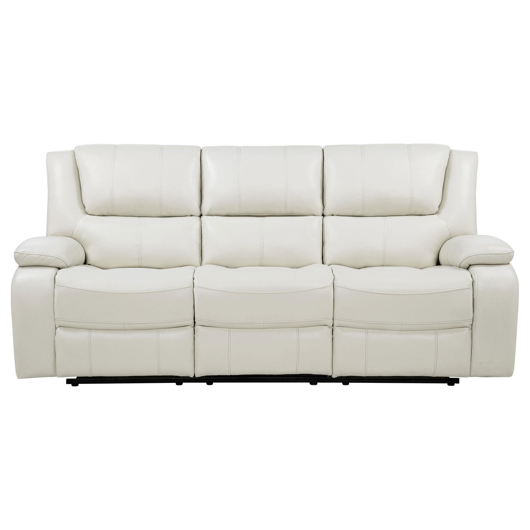 Arm detail with padded pillow arms and brown stitching on Camila sofa
