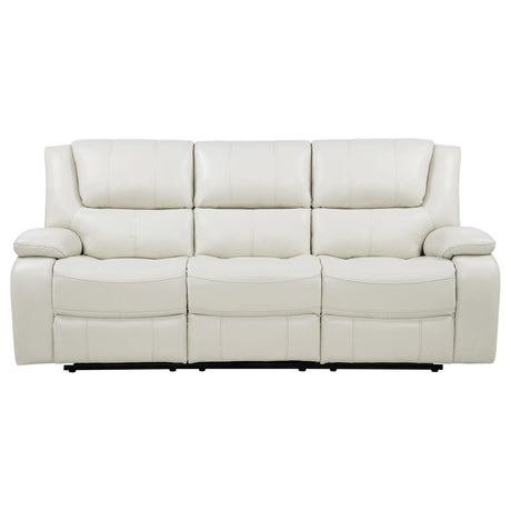 Arm detail with padded pillow arms and brown stitching on Camila sofa