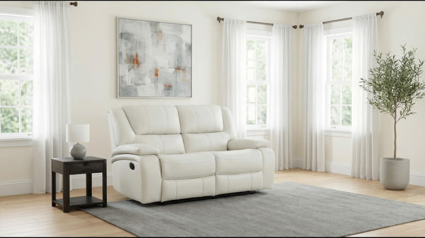 Camila loveseat side view showing recliner mechanism