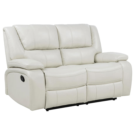 Close-up of white leatherette upholstery and brown stitching