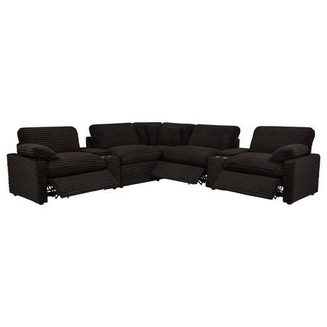 Modular sections of Collins brown sectional arranged in living room