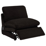 View of black plastic legs on Collins power reclining sectional