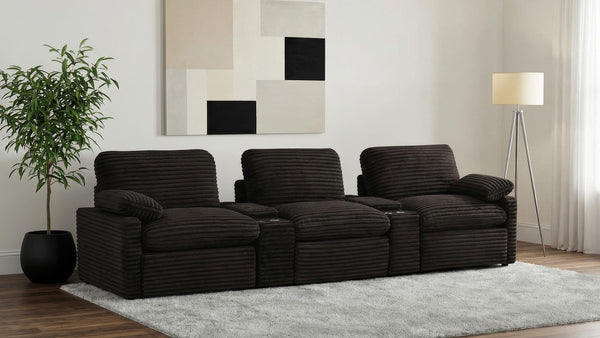 Close-up of chocolate brown fabric upholstery on Collins home theater seating