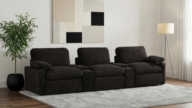 Close-up of chocolate brown fabric upholstery on Collins home theater seating