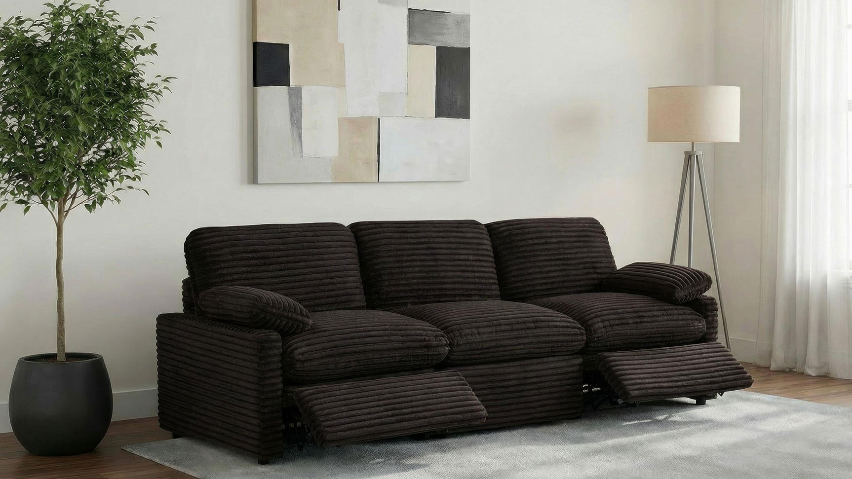 Top angle showing fabric texture and sofa seating