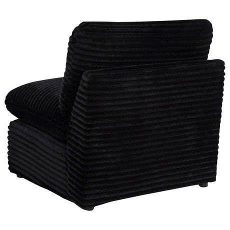 Collins modular armless chair showing black plastic legs