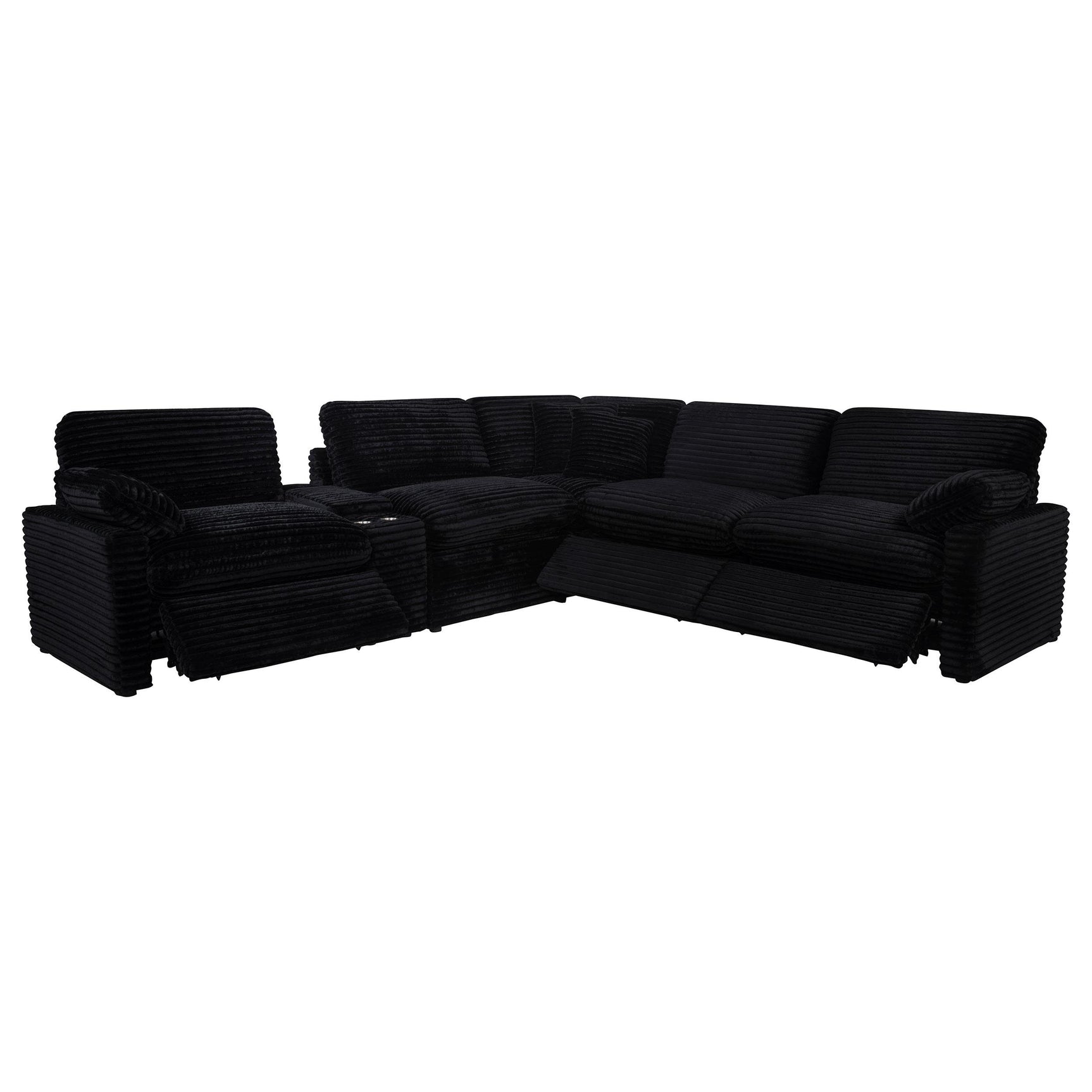 Sectional corner view showing black upholstery and power recline