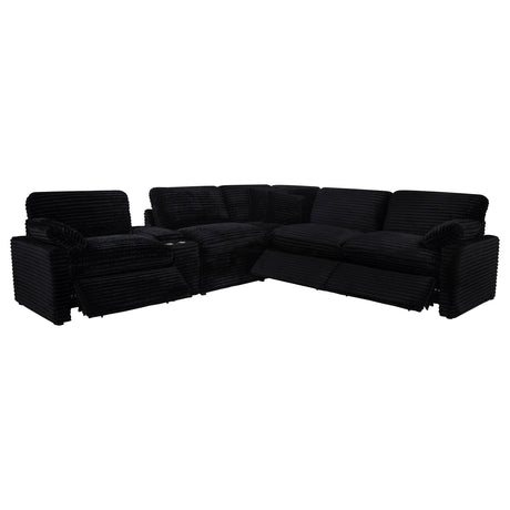 Sectional corner view showing black upholstery and power recline