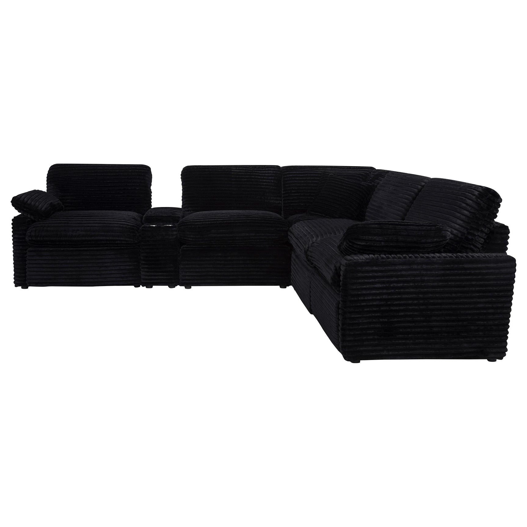 Side view of power reclining seat with black fabric