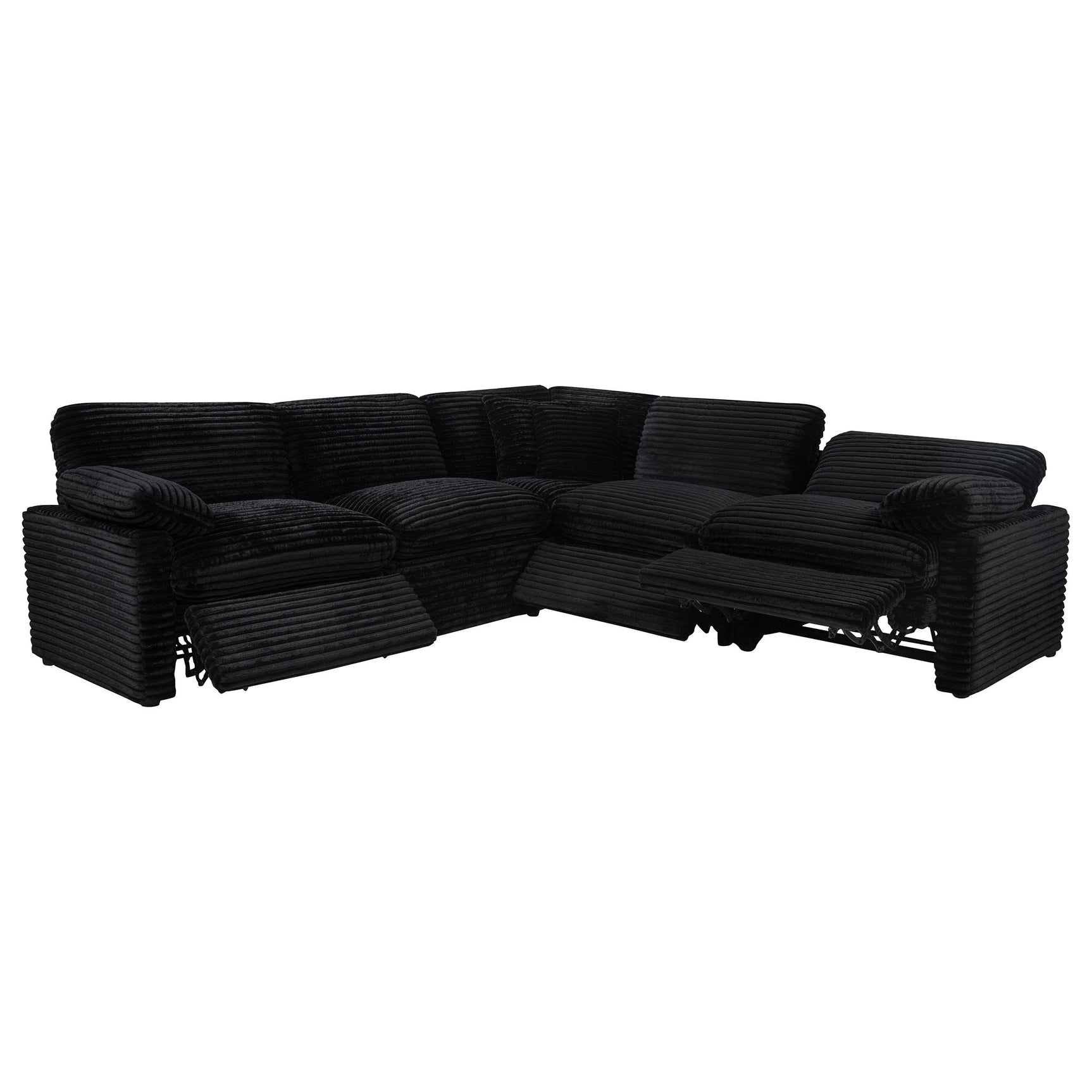 Power reclining feature close-up on black fabric sectional