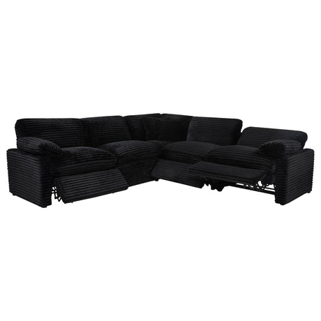 Power reclining feature close-up on black fabric sectional