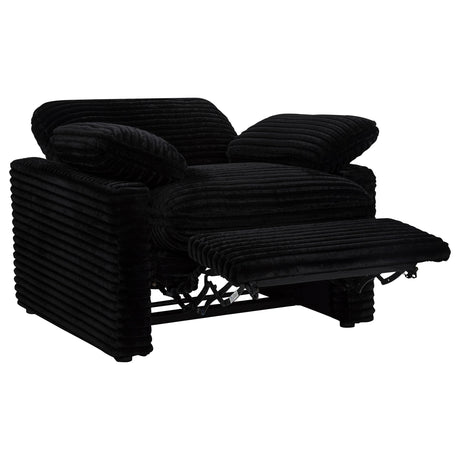 Detail of black fabric and foam cushioning on recliner