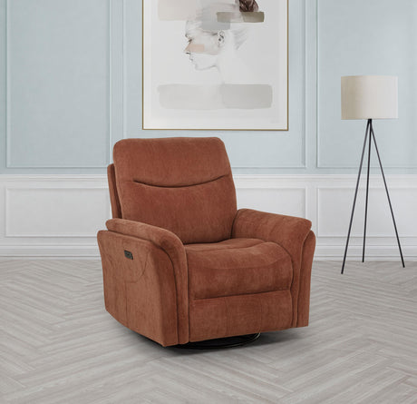 Side angle of Adler power swivel glider recliner rust fabric