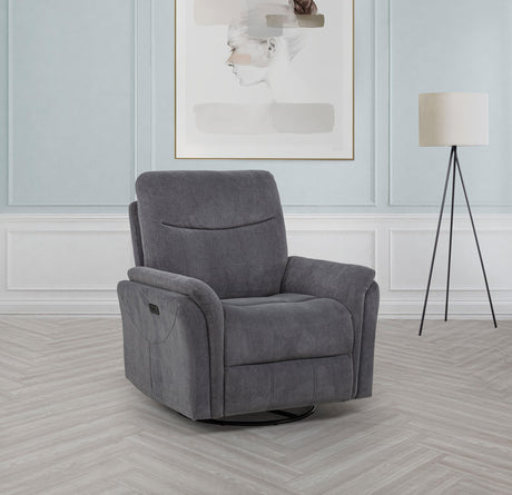 Side angle of Adler Power Swivel Glider Recliner showing fabric texture