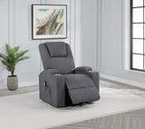 Louie Grey Chenille Power Lift Massage Recliner close-up on fabric and armrest