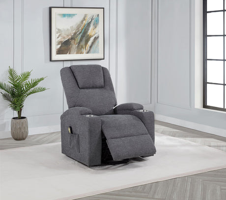 Louie Grey Chenille Power Lift Massage Recliner close-up on fabric and armrest