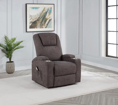 Louie brown chenille power lift massage recliner side angle