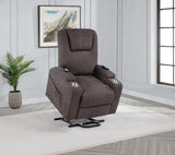 Louie chenille recliner showing cup holders and controls