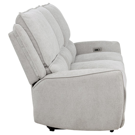 Sofa reclining at full extension in dove grey chenille