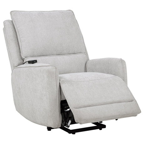 Side view of Sylmar dove grey chenille power lift recliner