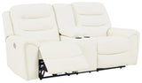 Warlin White Faux Leather Power Reclining Loveseat With Console - Ella Furniture