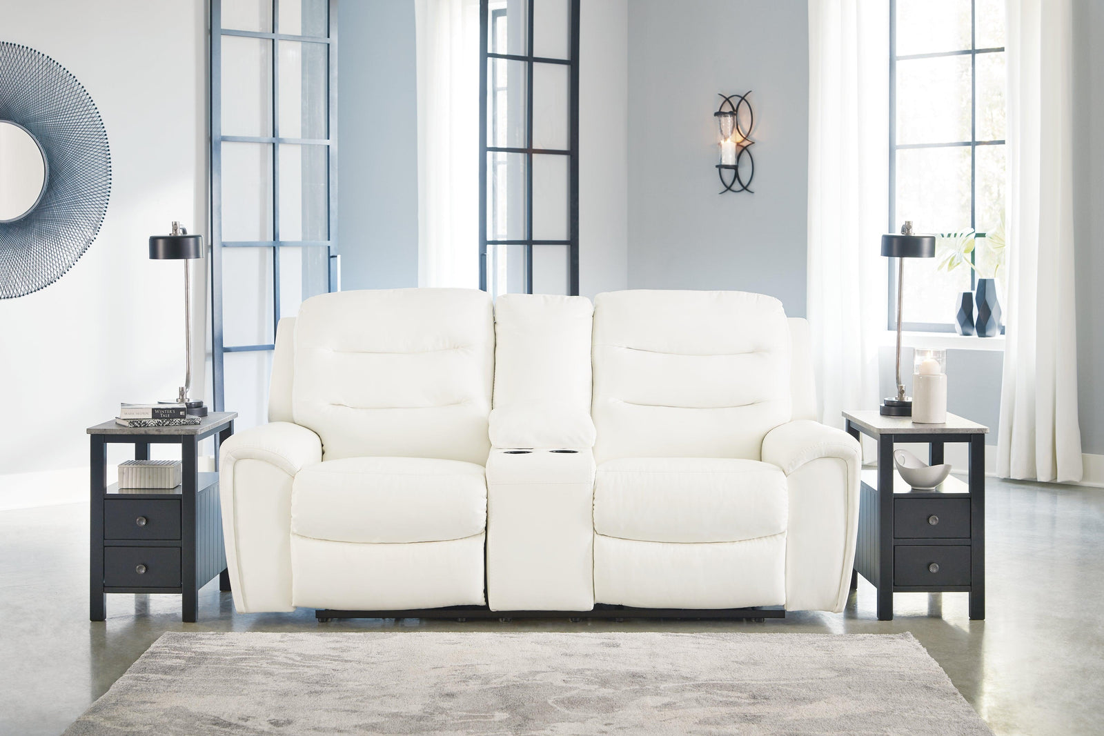 Warlin White Faux Leather Power Reclining Loveseat With Console - Ella Furniture
