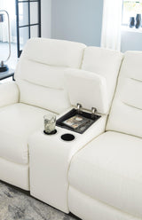 Warlin White Faux Leather Power Reclining Loveseat With Console - Ella Furniture