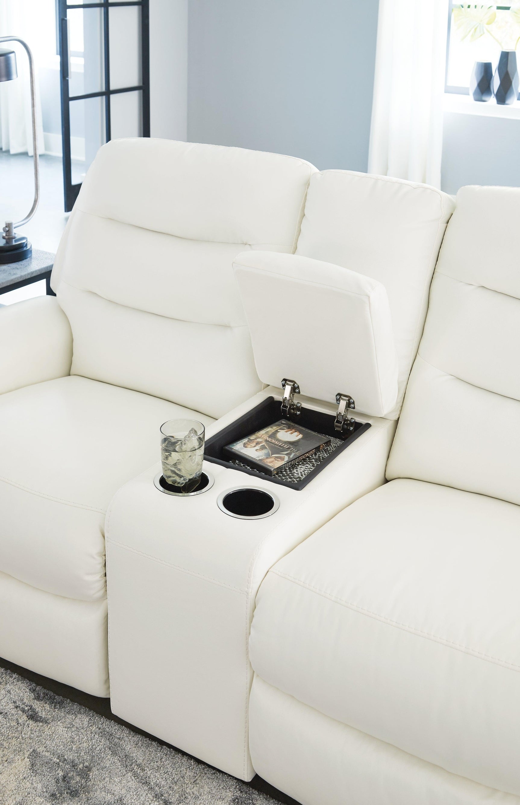 Warlin White Faux Leather Power Reclining Loveseat With Console - Ella Furniture