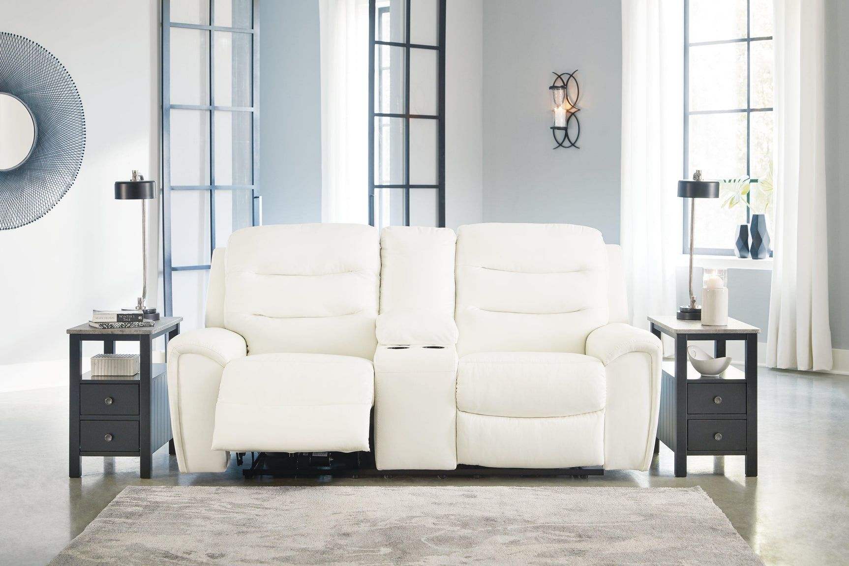 Warlin White Faux Leather Power Reclining Loveseat With Console - Ella Furniture
