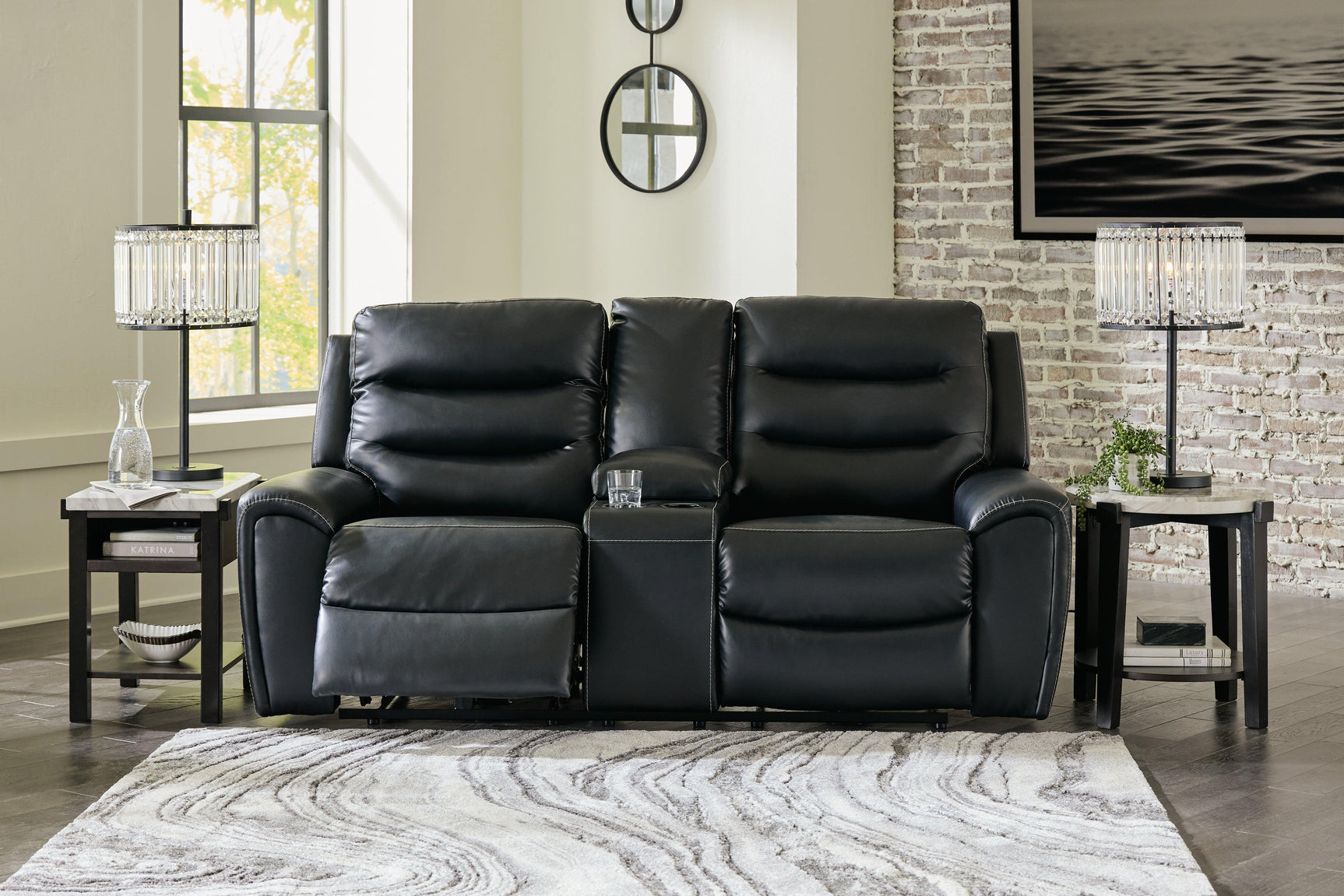 Warlin Black Faux Leather Power Reclining Loveseat With Console - Ella Furniture
