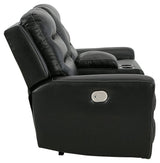 Warlin Black Faux Leather Power Reclining Loveseat With Console - Ella Furniture