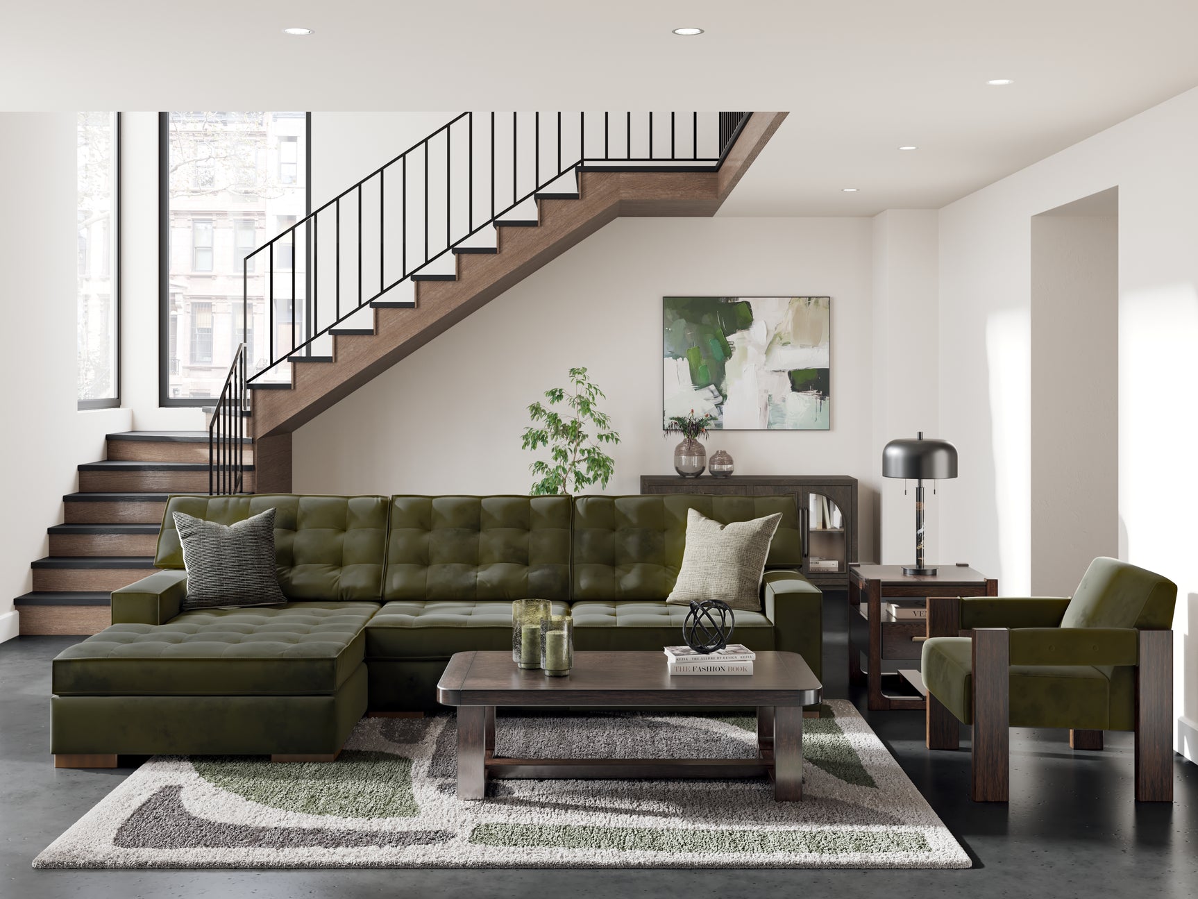 Detail view showing texture of Caspian-Town Olive sectional