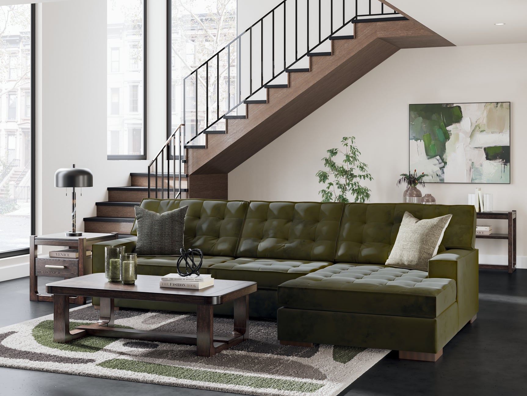 Close-up detail of cushions on Caspian-Town Olive sectional