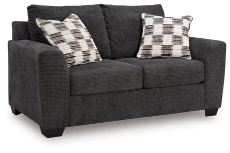 Loreo Ebony Chenille Loveseat head on view