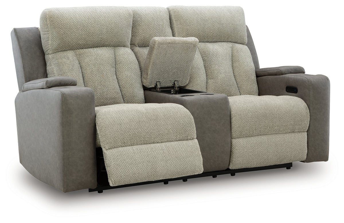 Open console storage and cup holders on WhipLash loveseat