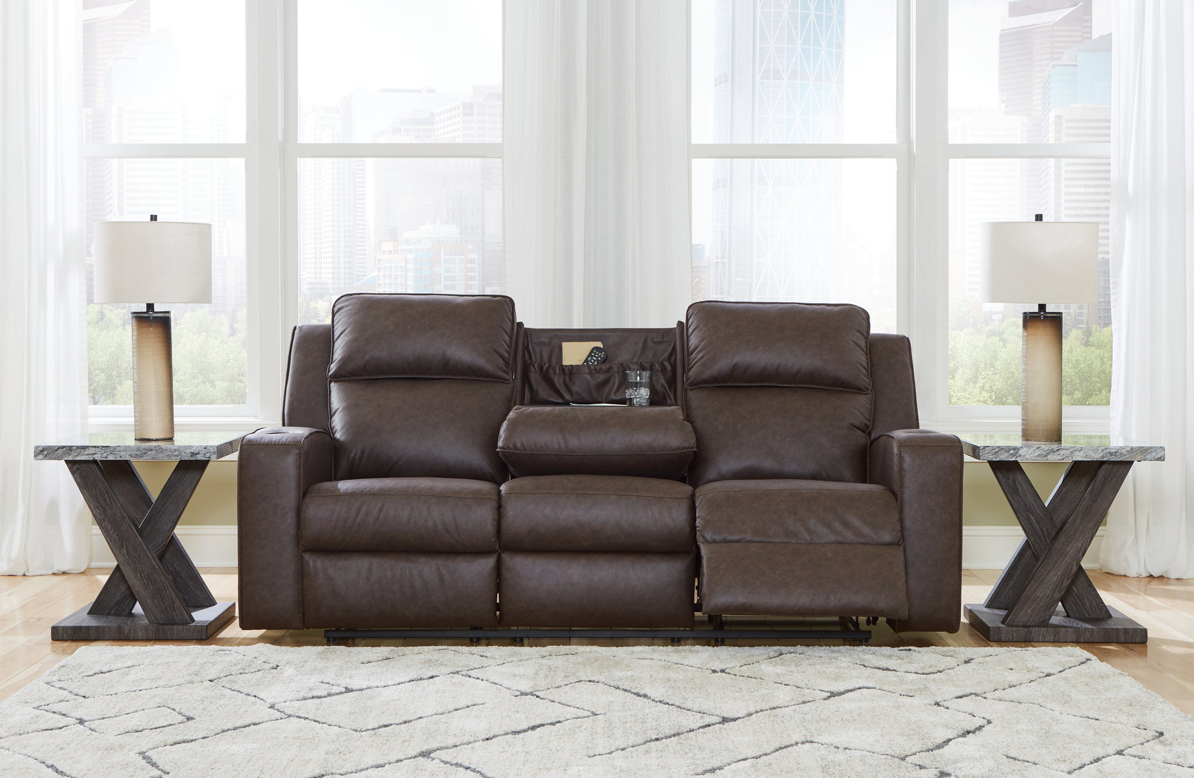 Lavenhorne Umber reclining sofa, loveseat, and recliner set