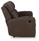 Side view of Lavenhorne Umber Faux Leather Reclining Sofa