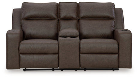 Front view of Lavenhorne Granite reclining loveseat showing stitching detail
