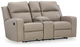 Lavenhorne pebble faux leather reclining loveseat angled open