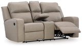 Front view of Lavenhorne pebble faux leather reclining loveseat with console