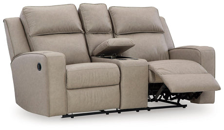 Front view of Lavenhorne pebble faux leather reclining loveseat with console