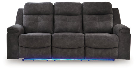 Brysonview Reclining Sofa front view with LED ambient blue light on