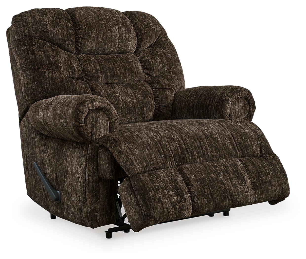 Movie Man Chocolate Velvet Recliner reclining position side view