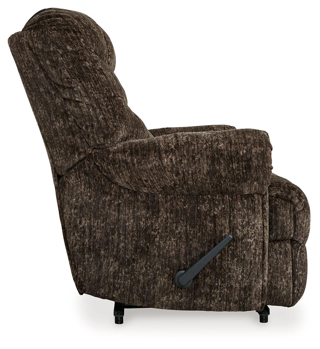 Movie Man Chocolate Velvet Recliner side angle view