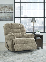 Open reclining side view of Movie Man Taupe Velvet Recliner