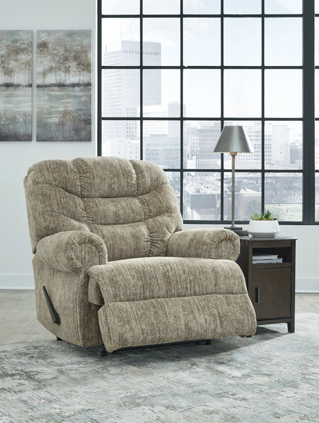 Open reclining side view of Movie Man Taupe Velvet Recliner