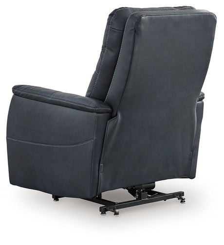 Back view of Strawbill Sapphire Faux Leather Power Lift Recliner reclining